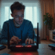 Homme dépannant un routeur internet moderne en salon lumineux
