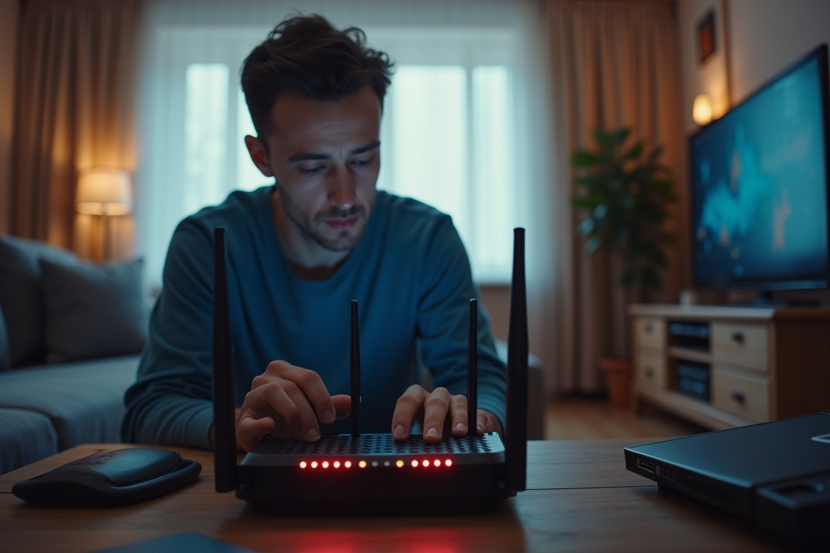 Homme dépannant un routeur internet moderne en salon lumineux