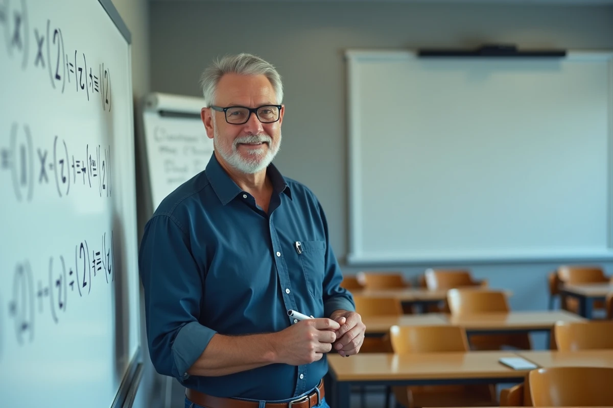 Professeur de mathématiques expliquant le signe supérieur ou égal devant un tableau blanc en salle de classe