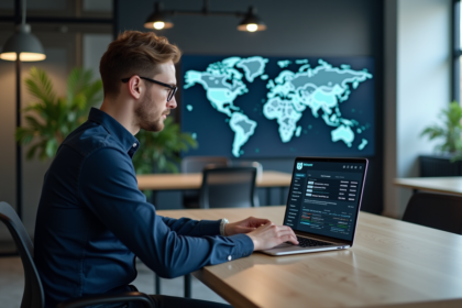 Jeune homme IT utilisant un laptop avec logo WireGuard