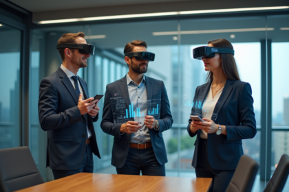 Groupe de professionnels utilisant la réalité augmentée en réunion