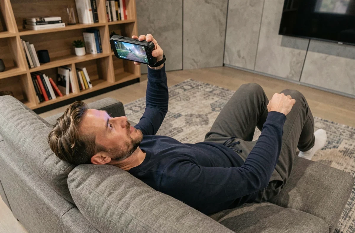 Homme allongé sur un canapé jouant sur la PS Handheld à la maison, gaming nomade PS6 en intérieur