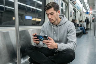 Jeune homme jouant sur une console portable PS Handheld dans le métro, illustrant le jeu nomade sur PS6