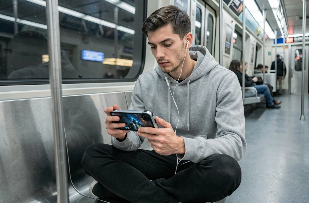 Jeune homme jouant sur une console portable PS Handheld dans le métro, illustrant le jeu nomade sur PS6
