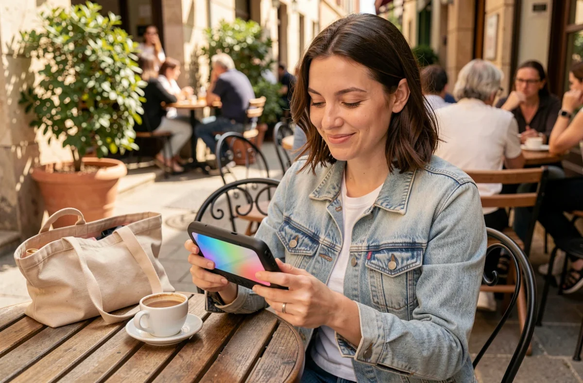 Femme utilisant une console PS Handheld en terrasse de café, expérience de jeu mobile PS6 en extérieur