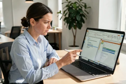 Femme en bureau pointant un écran avec un publipostage Word et un fichier Excel ouvert côte à côte