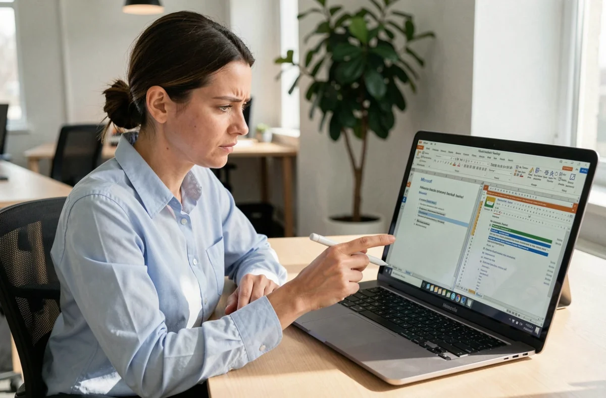 Femme en bureau pointant un écran avec un publipostage Word et un fichier Excel ouvert côte à côte