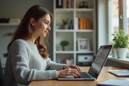Femme utilisant un raccourci clavier sur un ordinateur portable pour imprimer un document depuis un bureau à domicile