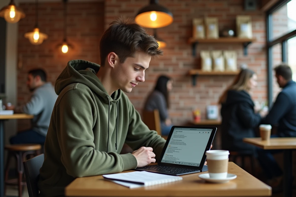 Jeune personne dans un café utilisant un raccourci d'impression sur tablette avec document imprimé visible sur la table
