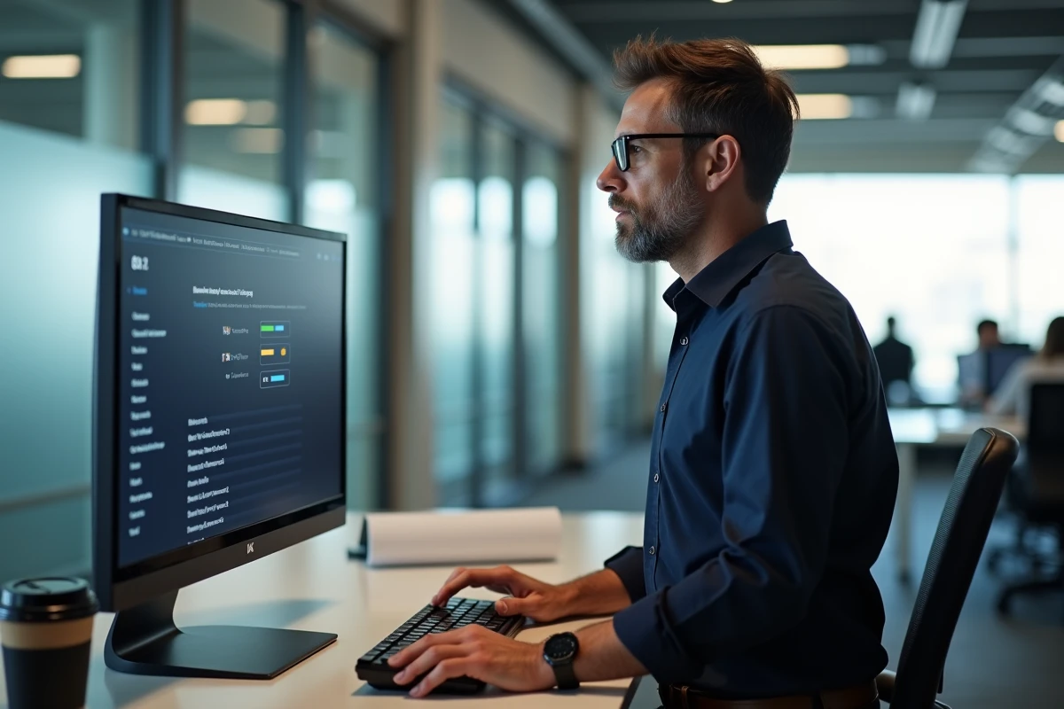 Homme en open space utilisant les raccourcis clavier d'impression sur un grand écran de bureau dans un environnement de travail moderne