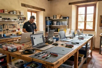 Atelier de réparation informatique professionnel dans le Vaucluse avec techniciens au travail