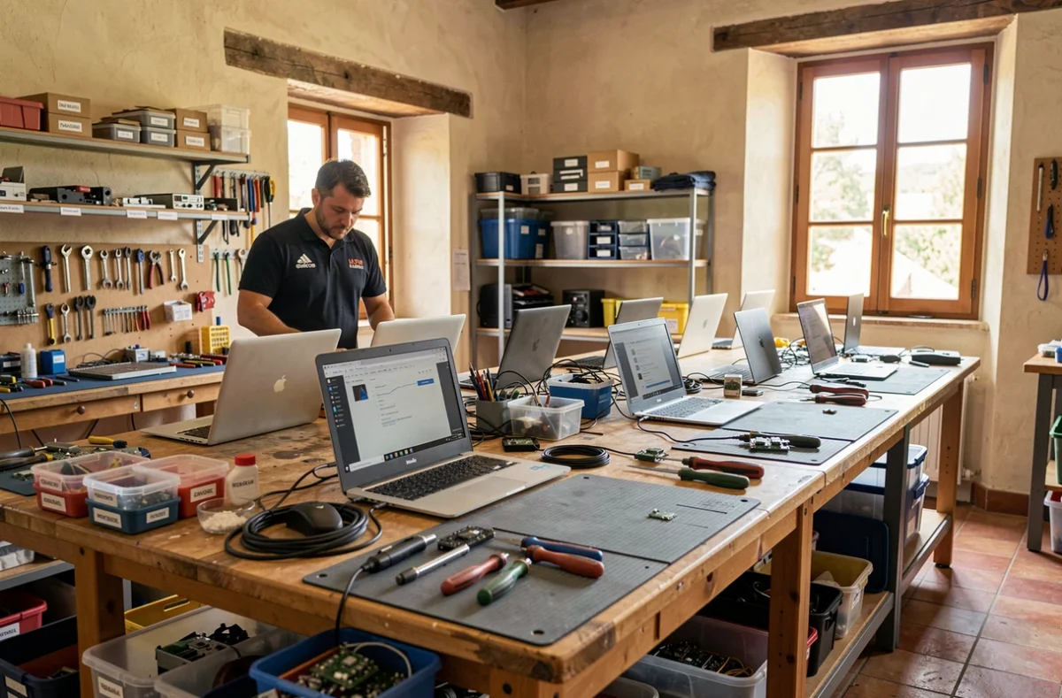 Atelier de réparation informatique professionnel dans le Vaucluse avec techniciens au travail