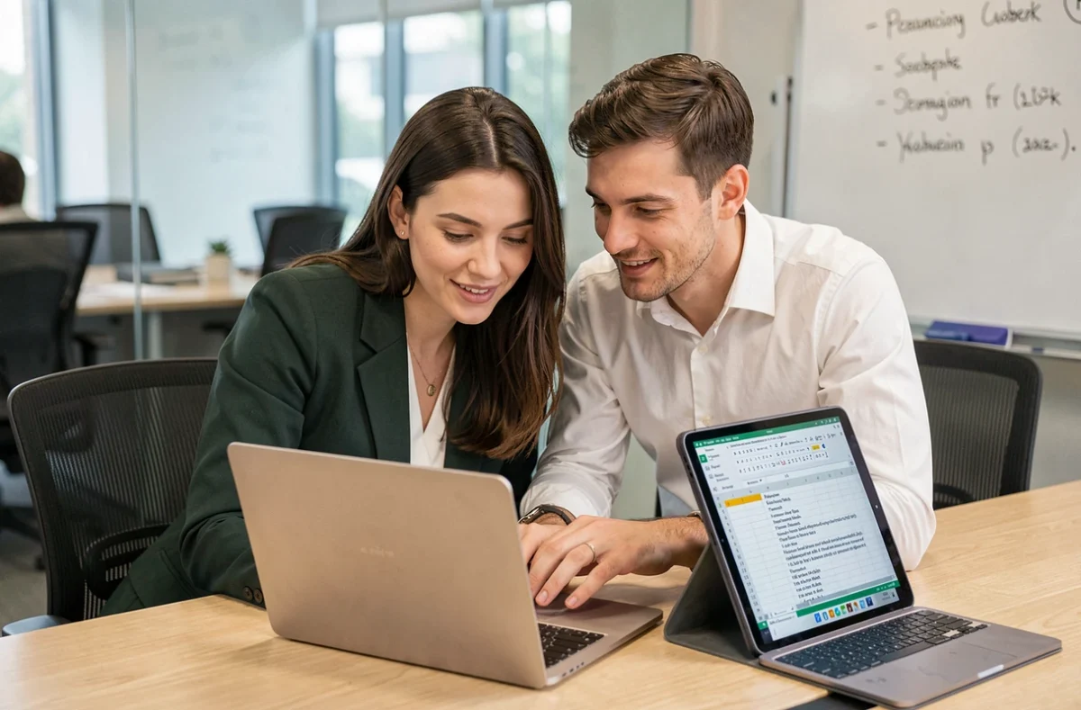 Deux collègues résolvant ensemble un problème de publipostage Word Excel en salle de réunion