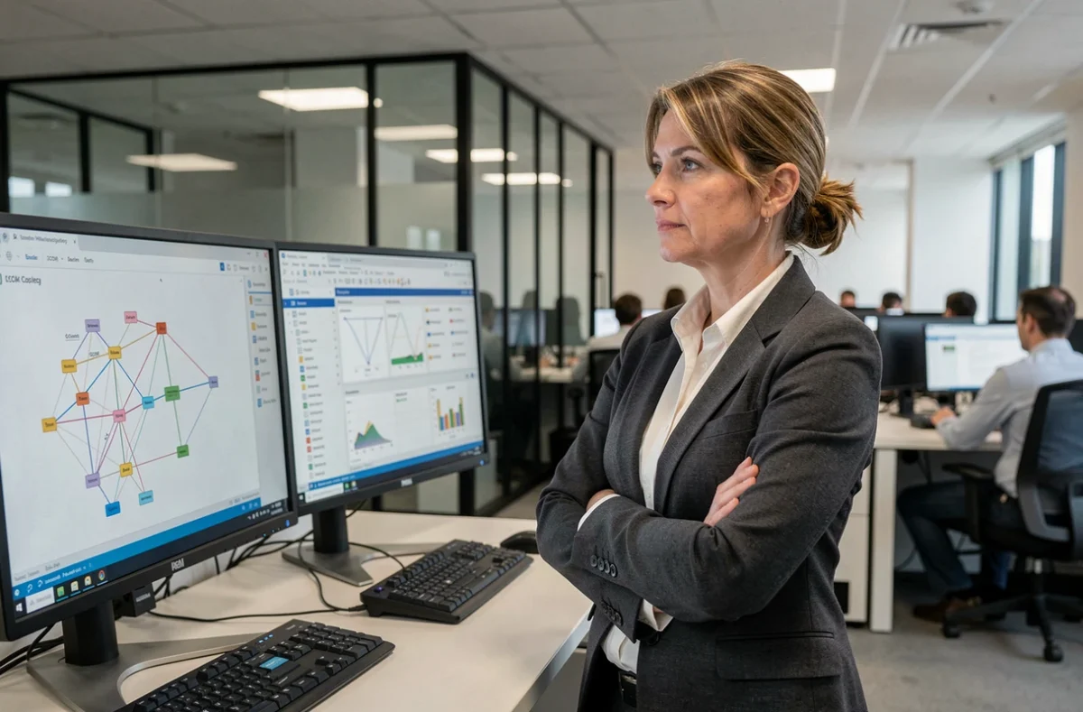 Responsable infrastructure IT analysant une topologie réseau SCCM avec points de distribution sur écran en open space
