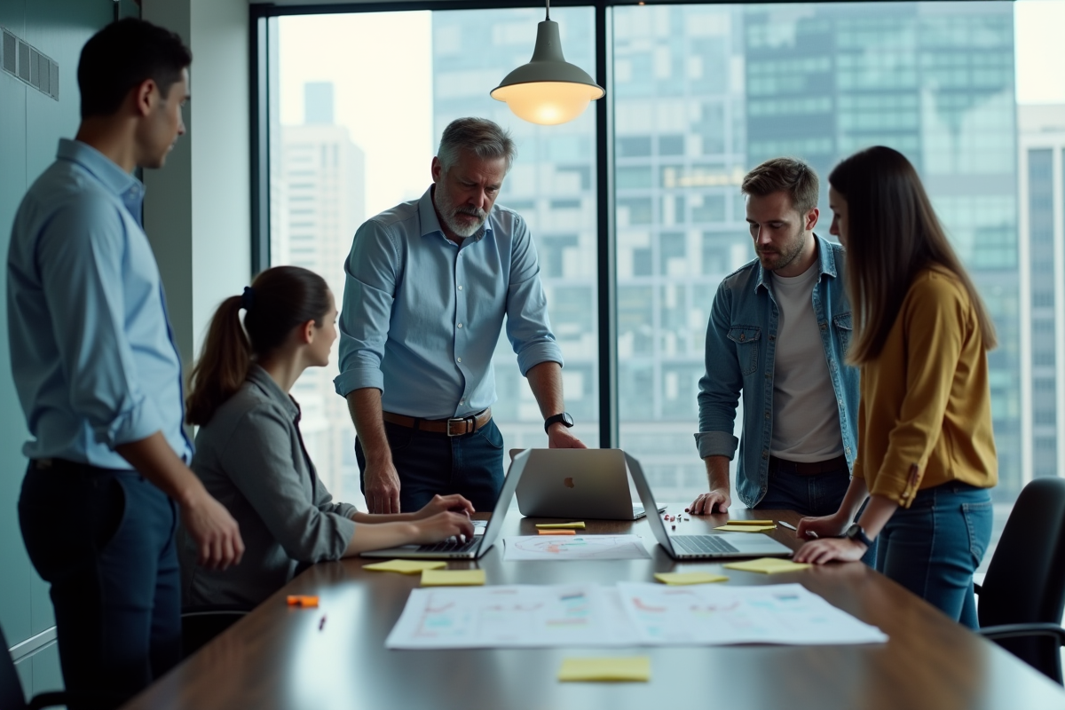 Groupe de collègues analysant des prototypes d interface en réunion