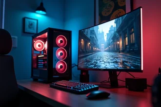 PC gaming haut de gamme avec carte graphique RTX 5070 visible à travers le panneau vitré, écran affichant des reflets ray tracing sur un jeu de fantasy