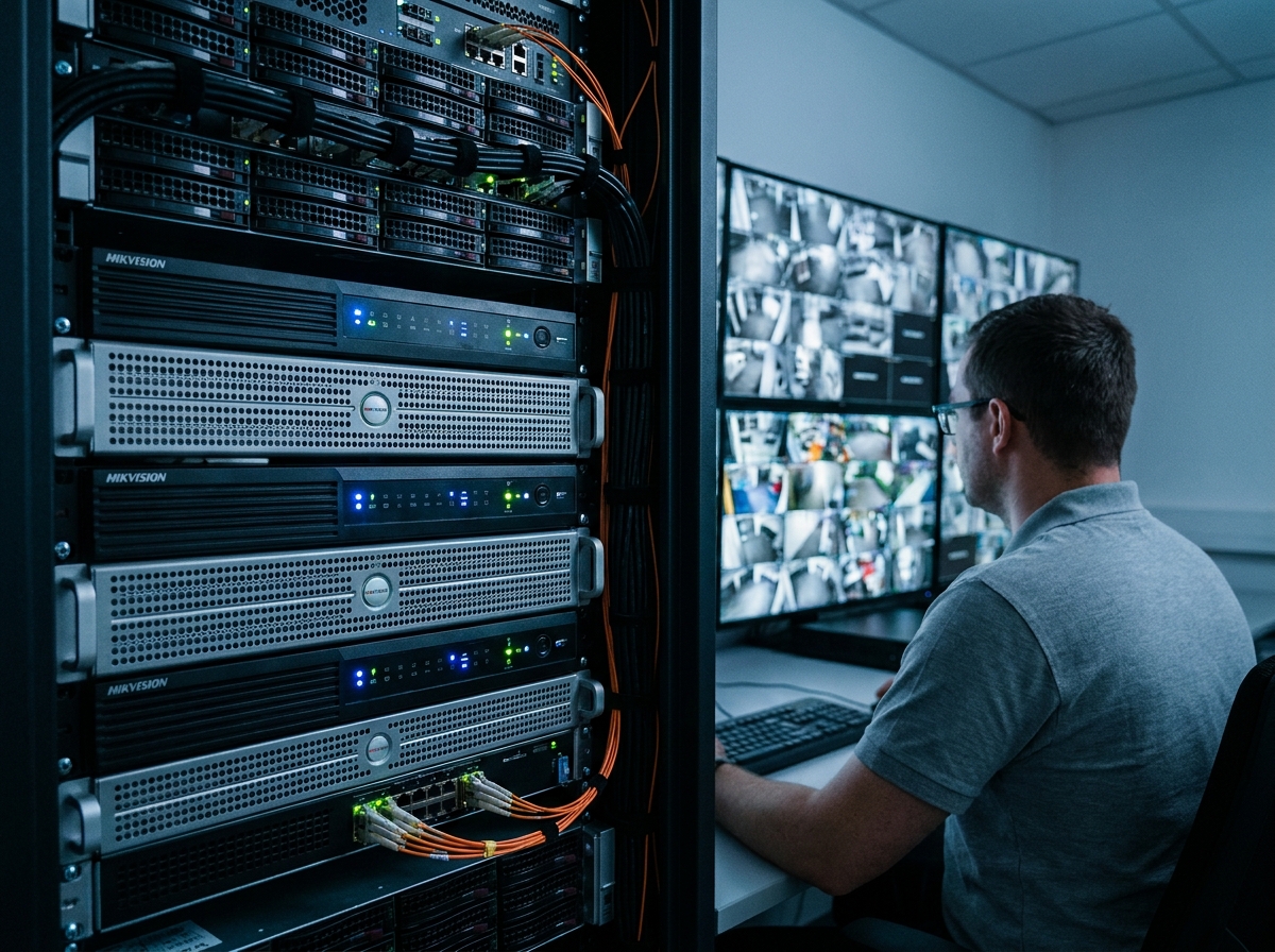 Technicien configurant un système d'enregistrement vidéo Hikvision dans une salle de contrôle de sécurité