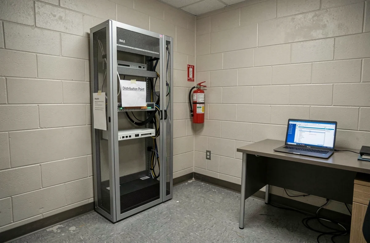 Salle serveur de bureau régional avec rack mural et point de distribution SCCM étiqueté, vue environnementale réaliste