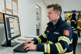 Sapeur-pompier en uniforme utilisant le logiciel Artemis SDIS 61 sur un ordinateur dans un bureau administratif de caserne