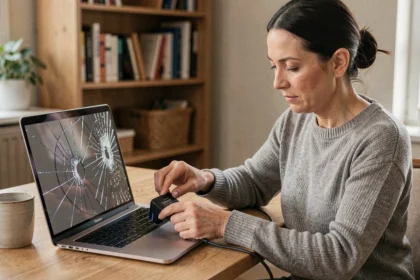 Femme connectant un disque dur externe à un MacBook avec écran fissuré pour sauvegarder ses données avant réparation