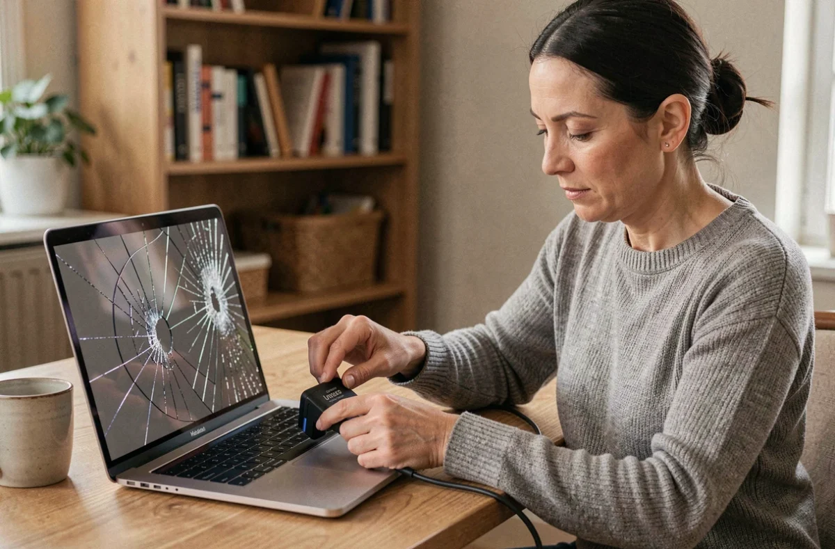 Femme connectant un disque dur externe à un MacBook avec écran fissuré pour sauvegarder ses données avant réparation