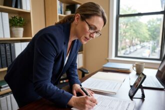 Femme signant un bail locatif en urgence avec un appel vidéo actif avec un propriétaire à l'étranger