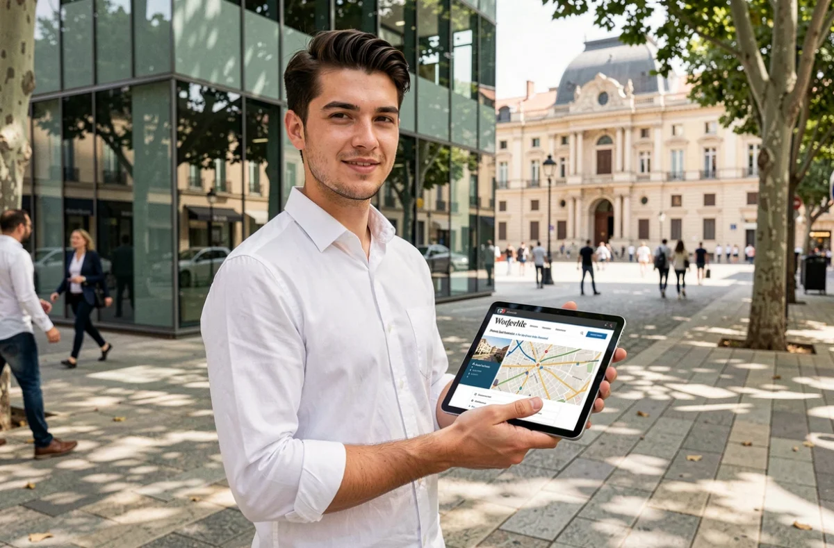 Consultant de Site Web Montpellier tenant une tablette affichant un site WordPress local devant l'architecture de Montpellier