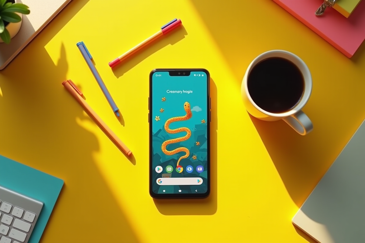 Smartphone affichant le jeu snake sur un bureau lumineux