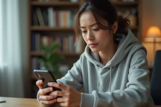 Jeune femme consultant son smartphone pour supprimer un contact sur Messenger après l'avoir retiré de Facebook