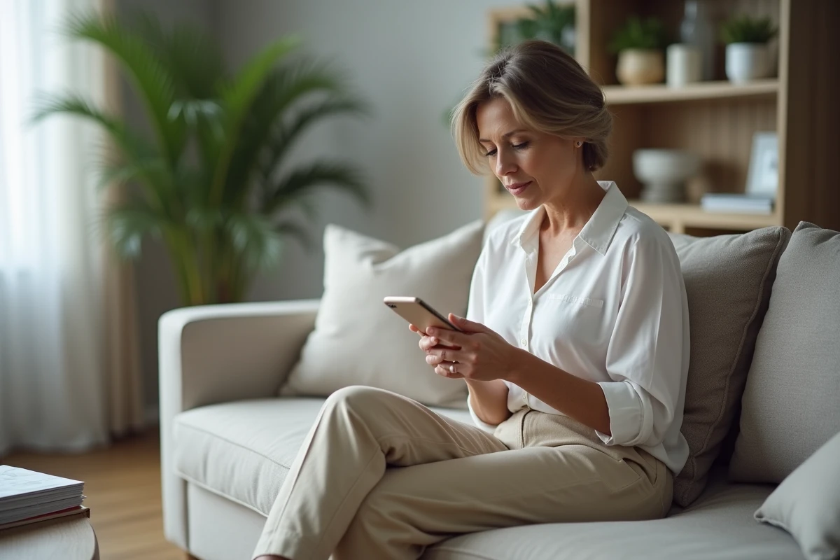 Femme dans son salon lisant attentivement une interface de messagerie sur son téléphone pour supprimer un contact Messenger