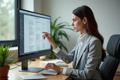 Femme utilisant un logiciel PDF sur ordinateur de bureau pour supprimer des pages d'un document