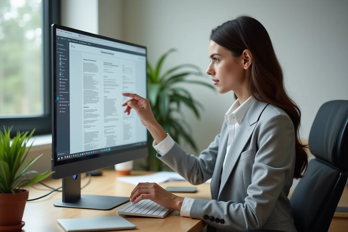 Femme utilisant un logiciel PDF sur ordinateur de bureau pour supprimer des pages d'un document