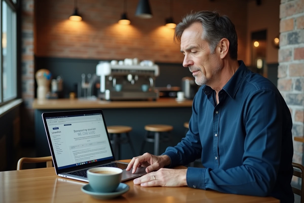 Homme supprimant des pages PDF en ligne depuis un café avec un outil web sur ordinateur portable