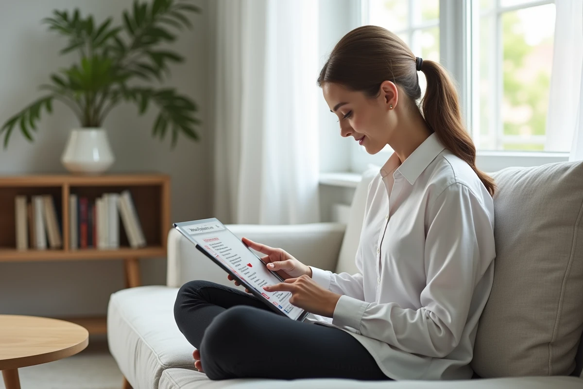 Jeune femme supprimant des pages d'un PDF sur tablette depuis son salon à domicile