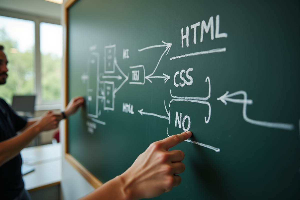 Professeur expliquant HTML et CSS sur un tableau en classe lumineuse