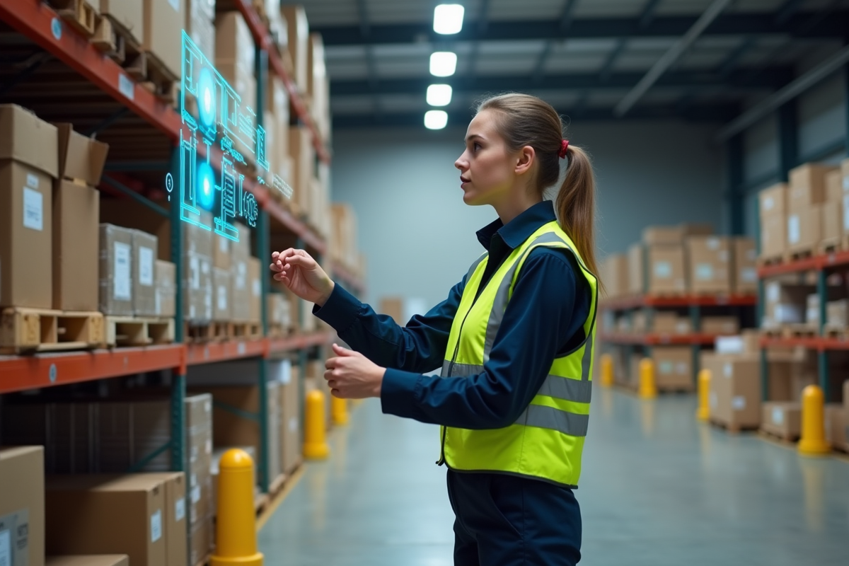 Technicienne en entrepôt manipulant des instructions AR