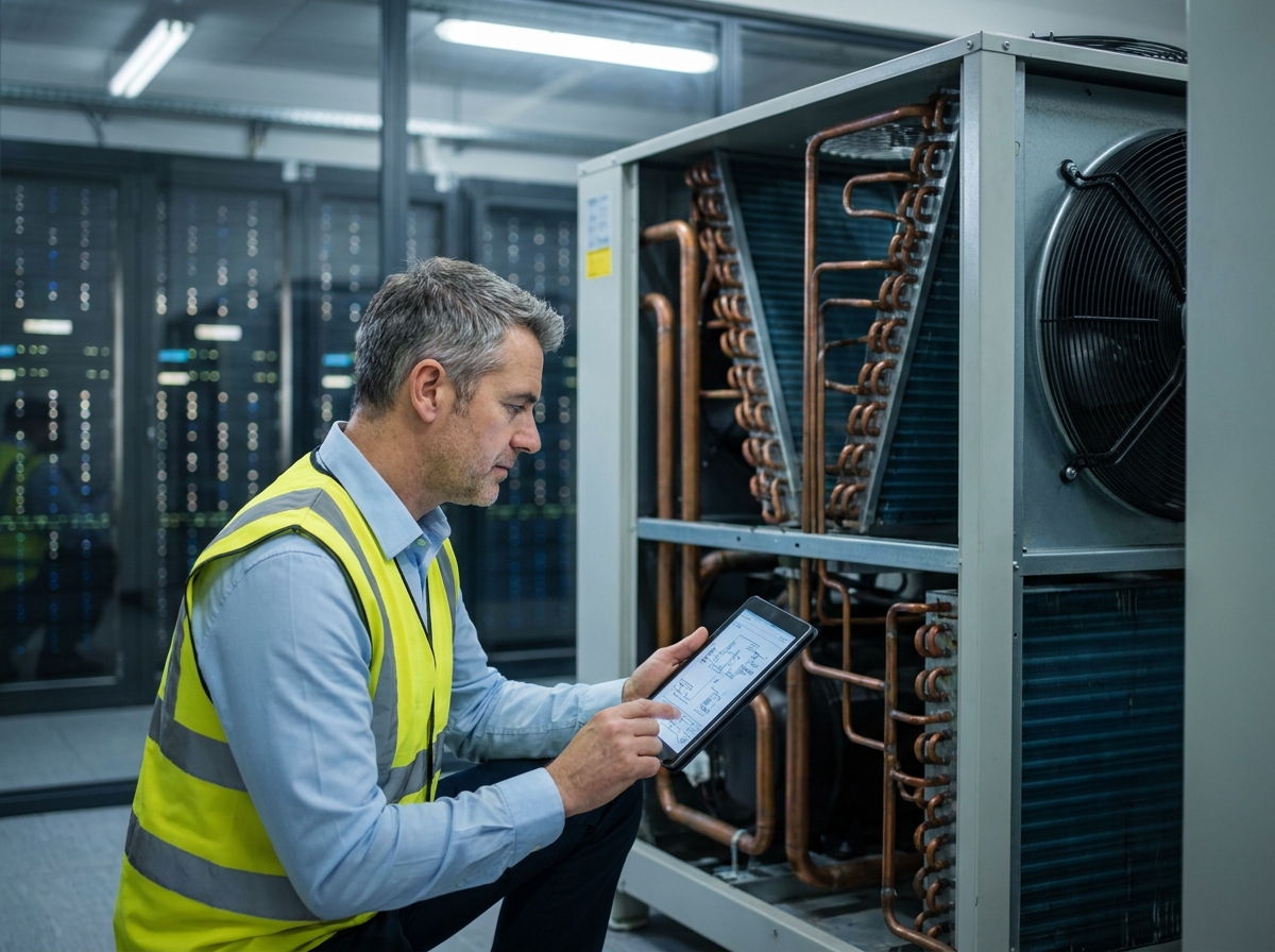 Technicien informatique inspectant un système de dry cooler dans la salle de refroidissement d'un datacenter