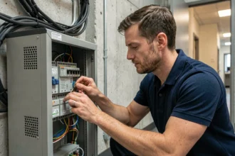 Technicien informatique vérifiant les connexions réseau d'un switch dans une armoire de bureau secondaire, illustrant la gestion des points de distribution SCCM en agence