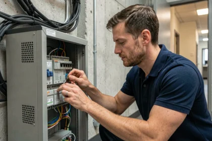 Technicien informatique vérifiant les connexions réseau d'un switch dans une armoire de bureau secondaire, illustrant la gestion des points de distribution SCCM en agence