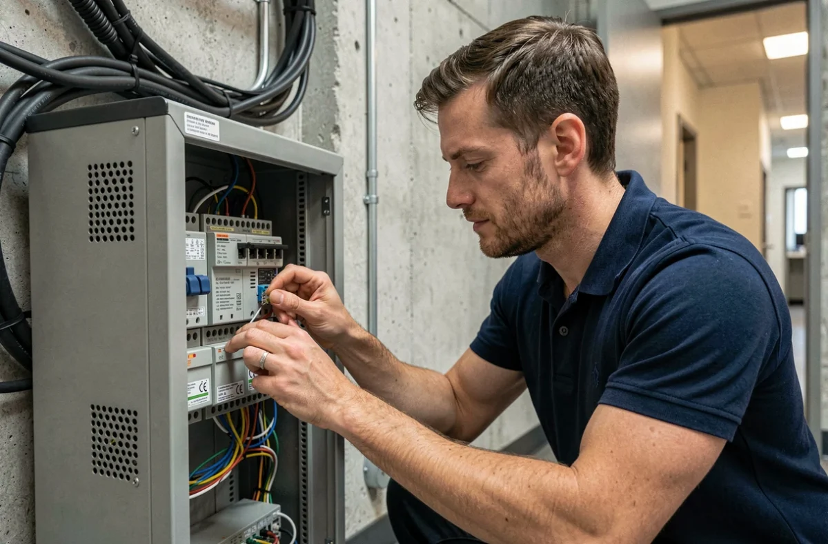 Technicien informatique vérifiant les connexions réseau d'un switch dans une armoire de bureau secondaire, illustrant la gestion des points de distribution SCCM en agence