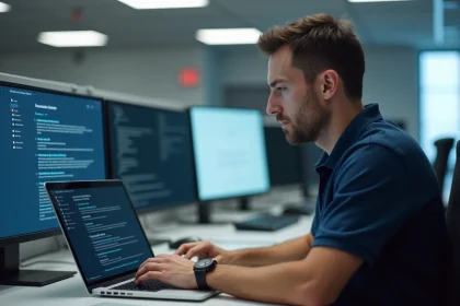 Technicien informatique configurant les paramètres de sécurité de Windows sur un ordinateur portable en bureau professionnel