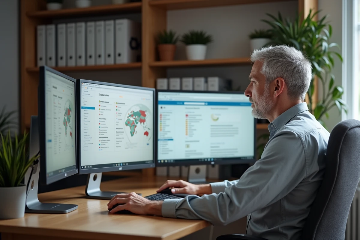 Professionnel en télétravail utilisant un intranet d'entreprise pour rester connecté à son équipe depuis son bureau à domicile