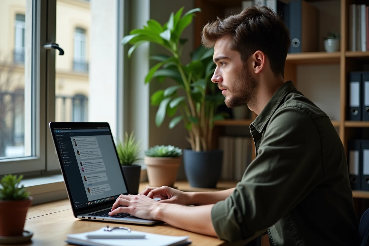 Jeune homme en télétravail utilisant une application de messagerie sécurisée type Tchap sur ordinateur portable