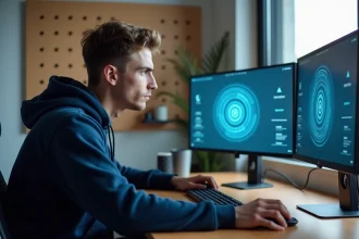 Jeune homme concentré effectuant un test de précision de clic sur ordinateur dans un bureau moderne