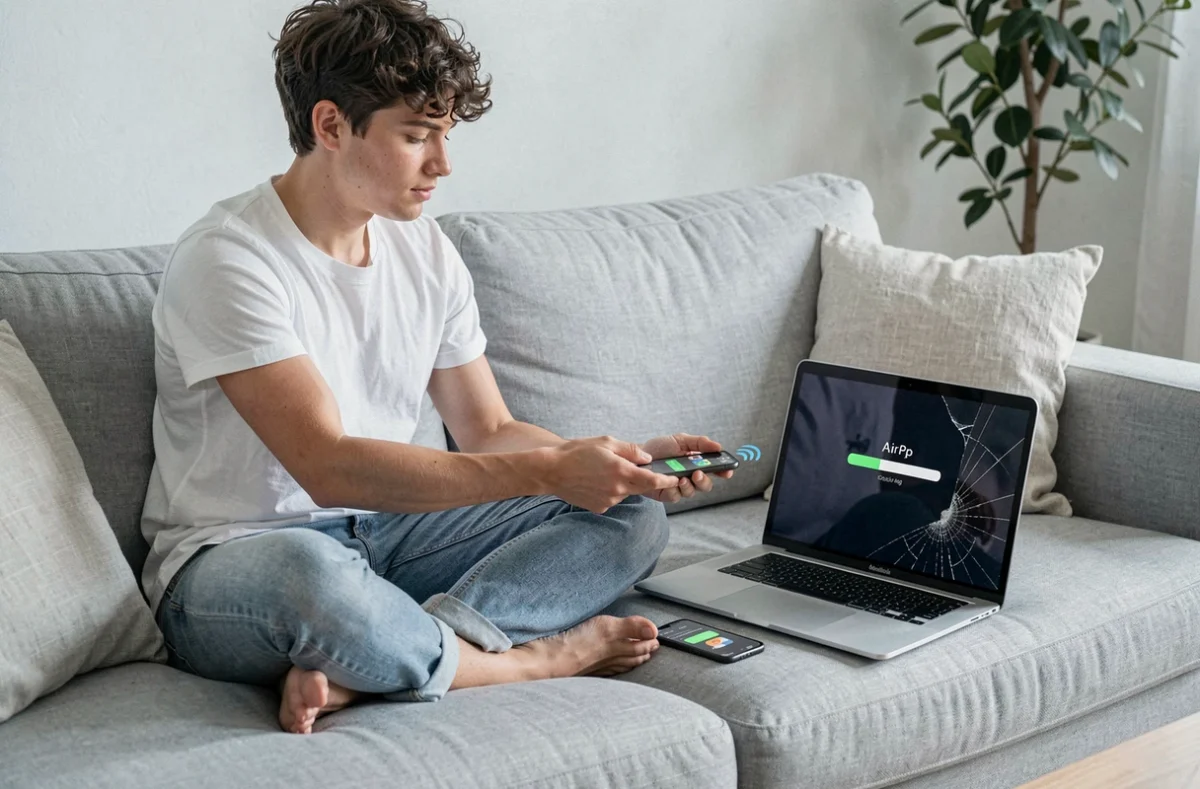 Jeune personne transférant des fichiers via AirDrop depuis un MacBook Air à écran brisé vers un iPhone sur un canapé