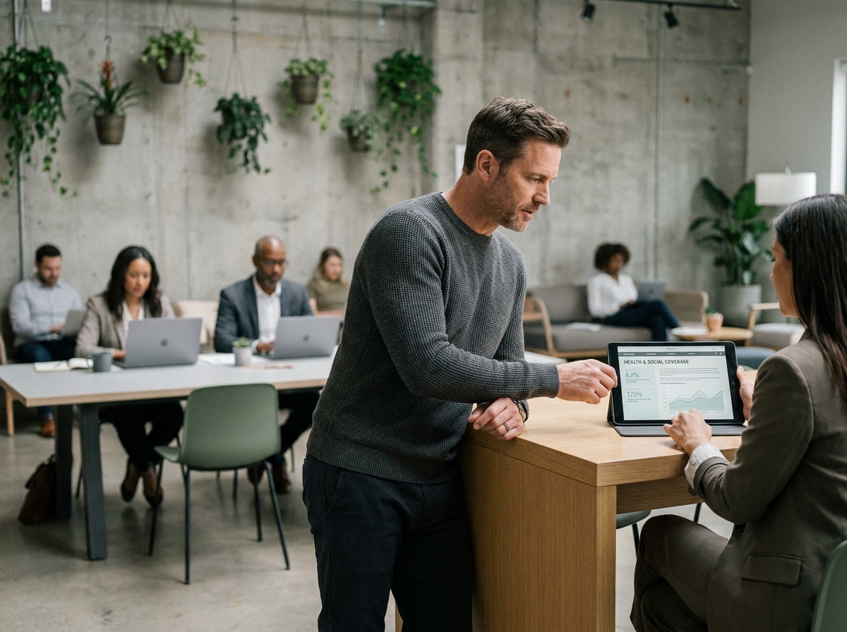 Homme en transition professionnelle discutant de sa couverture sociale avec un conseiller dans un espace de coworking