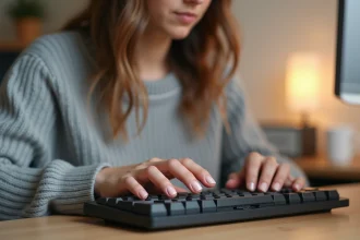 Femme utilisant la touche Shift sur un clavier mécanique dans un bureau à domicile moderne
