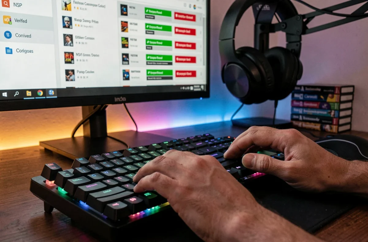 Mains tapant sur un clavier mécanique pour vérifier des fichiers NSP de jeux Nintendo Switch corrompus sur un écran