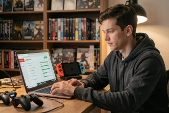 Jeune homme vérifiant l'intégrité de fichiers ROM sur un ordinateur portable avec une Nintendo Switch posée sur le bureau