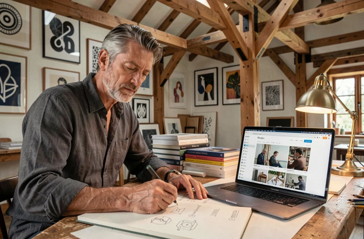 Directeur créatif de Visions Nouvelles esquissant des concepts de marque avec un site WordPress artistique ouvert sur son MacBook